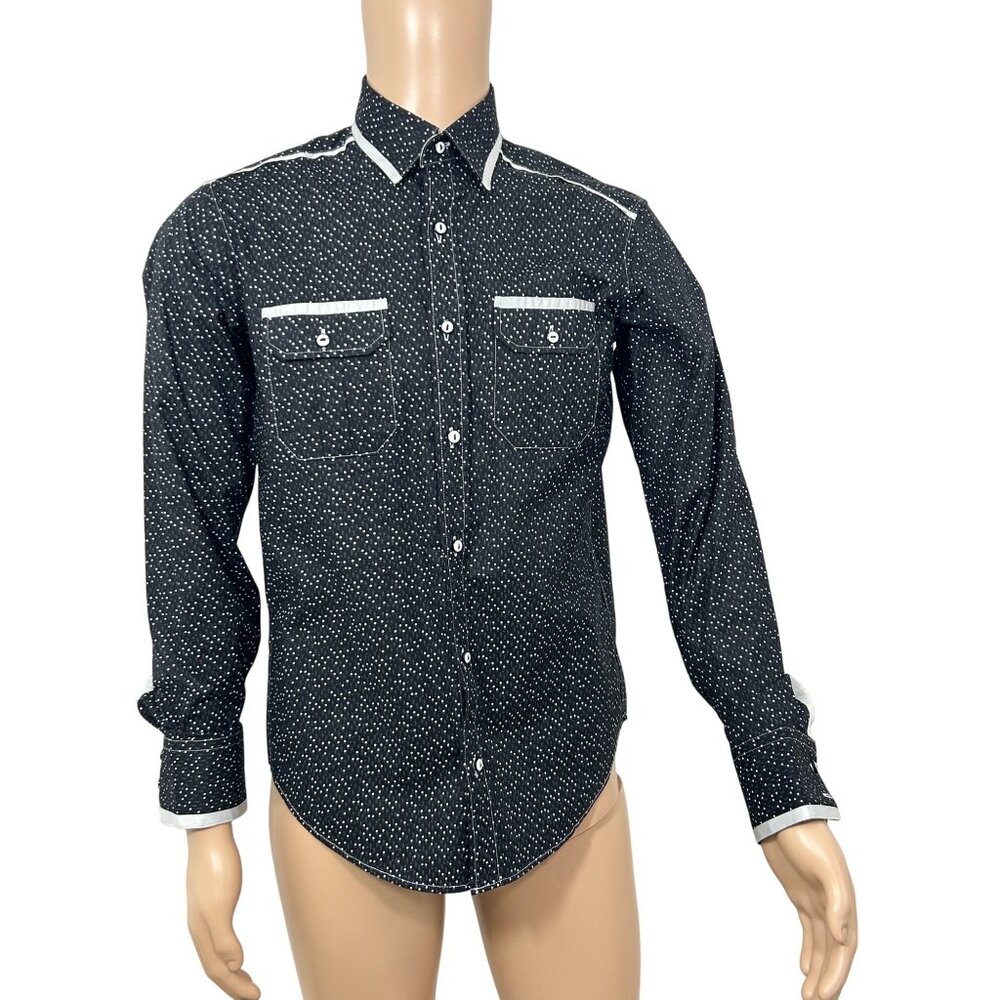 Envy Collection Men’s Button Down Shirt M Black Grey Trim Polka Dot Long Sleeve